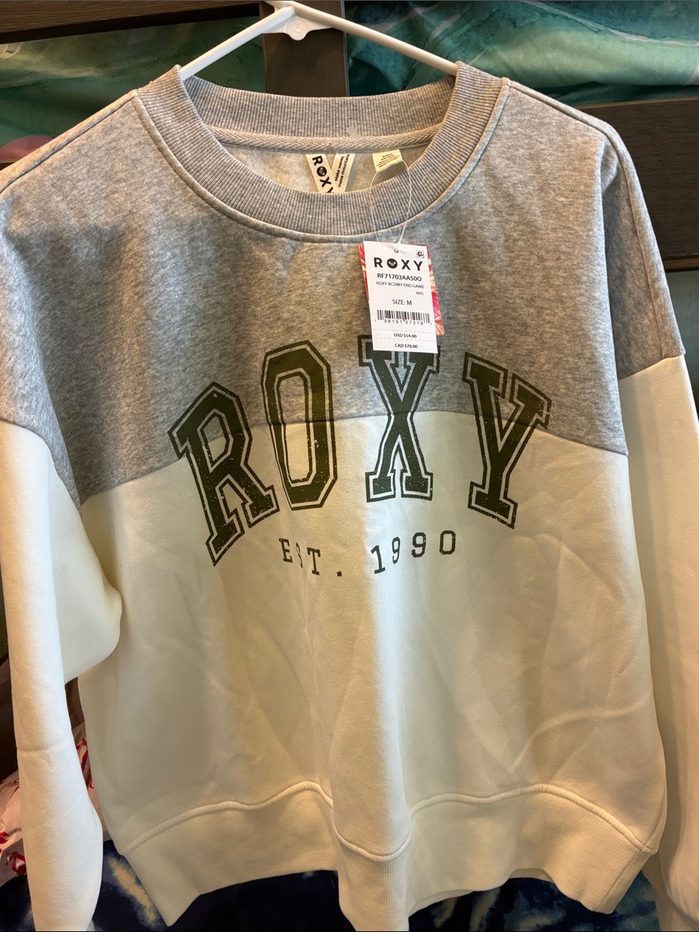Roxy Two-Tone Gray and Cream Crewneck with Olive Logo